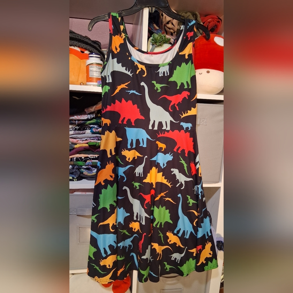 Black Midi Dress with Colorful Dinosaur Print